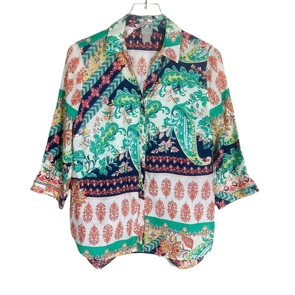 Chico's No Iron Linen Paisley Shirt 3/4 Sleeves - Picture 1 of 16